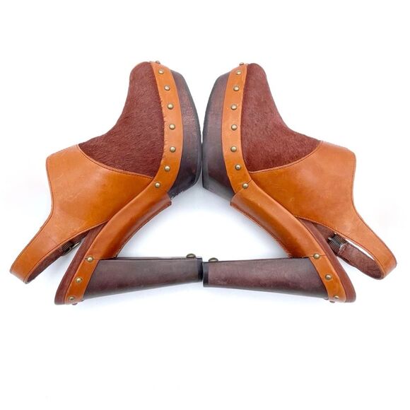 UGG Nicco Leather Calf Hair Platform Peep Toe Slingback Sandal Brown Size 8.5 - Picture 11 of 16